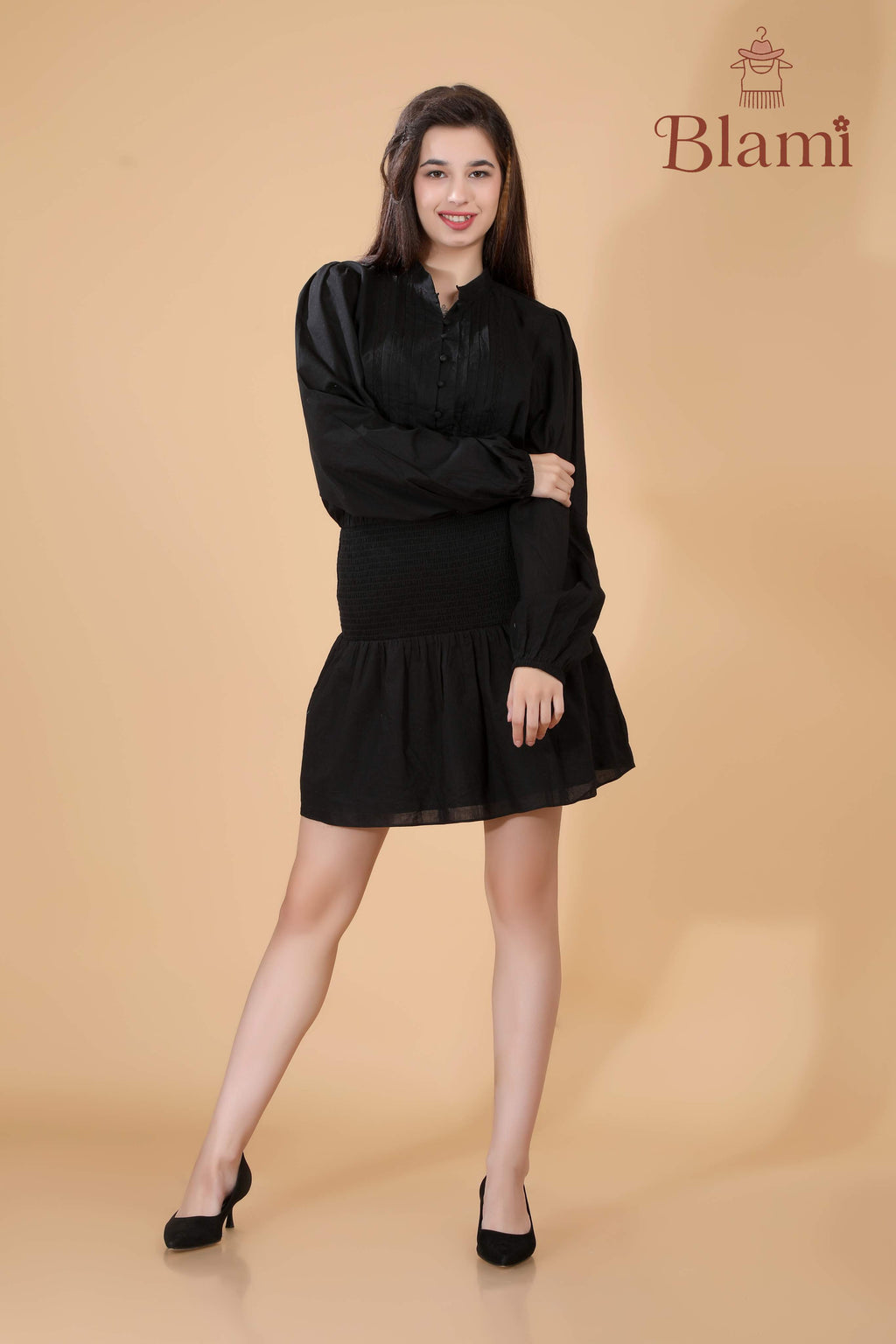 Blami Classic Black Mini Dress – Smocked Waist & Long Sleeves