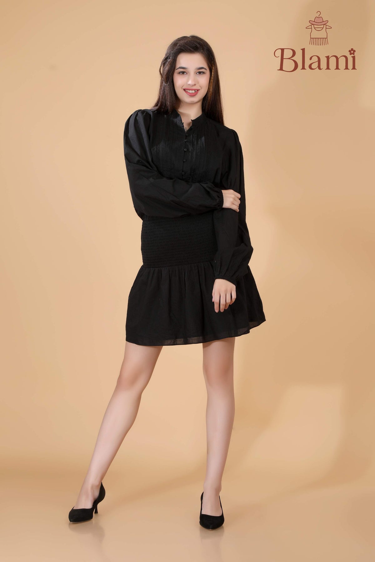 Blami Classic Black Mini Dress – Smocked Waist & Long Sleeves