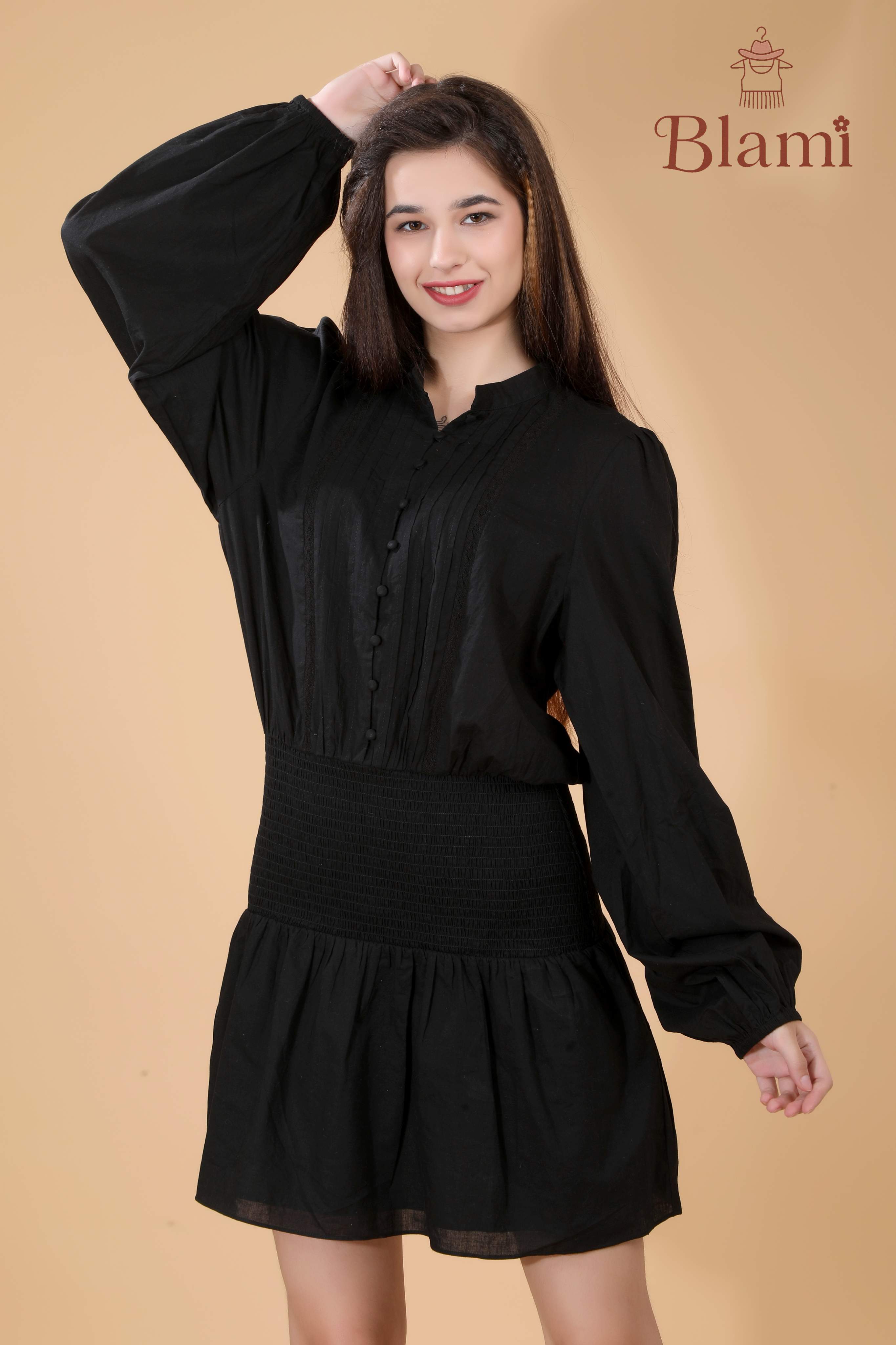 Blami Classic Black Mini Dress – Smocked Waist & Long Sleeves