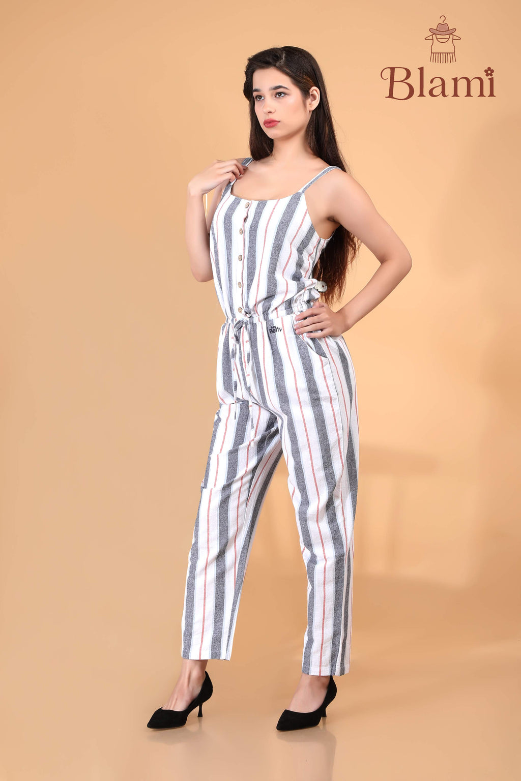Striped Button-Front Jumpsuit – By Blami