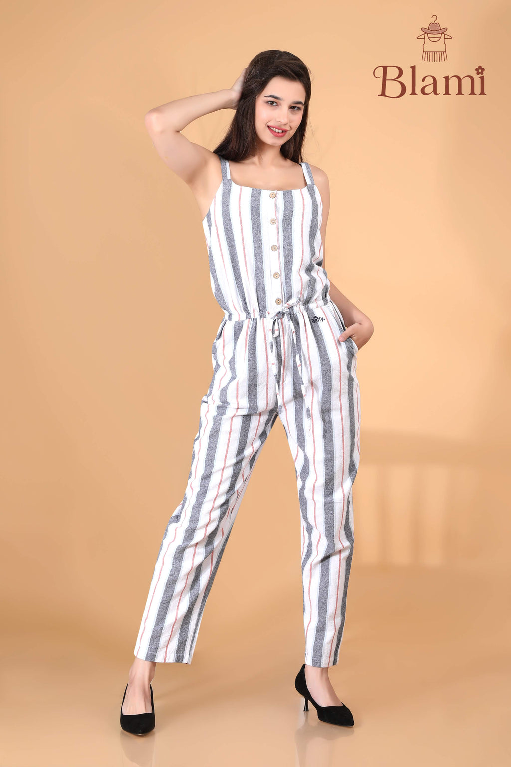 Striped Button-Front Jumpsuit – By Blami