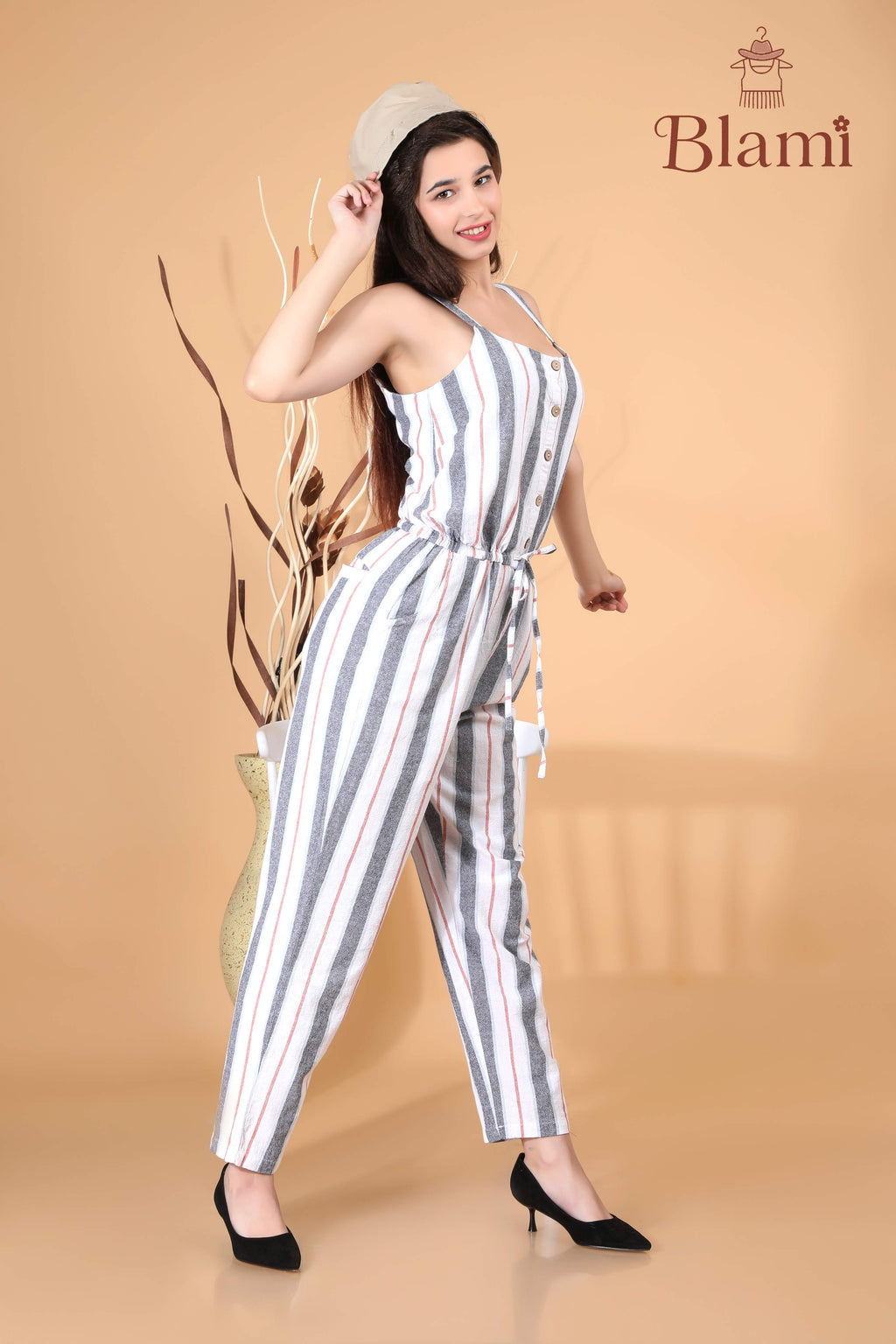 Striped Button-Front Jumpsuit – By Blami