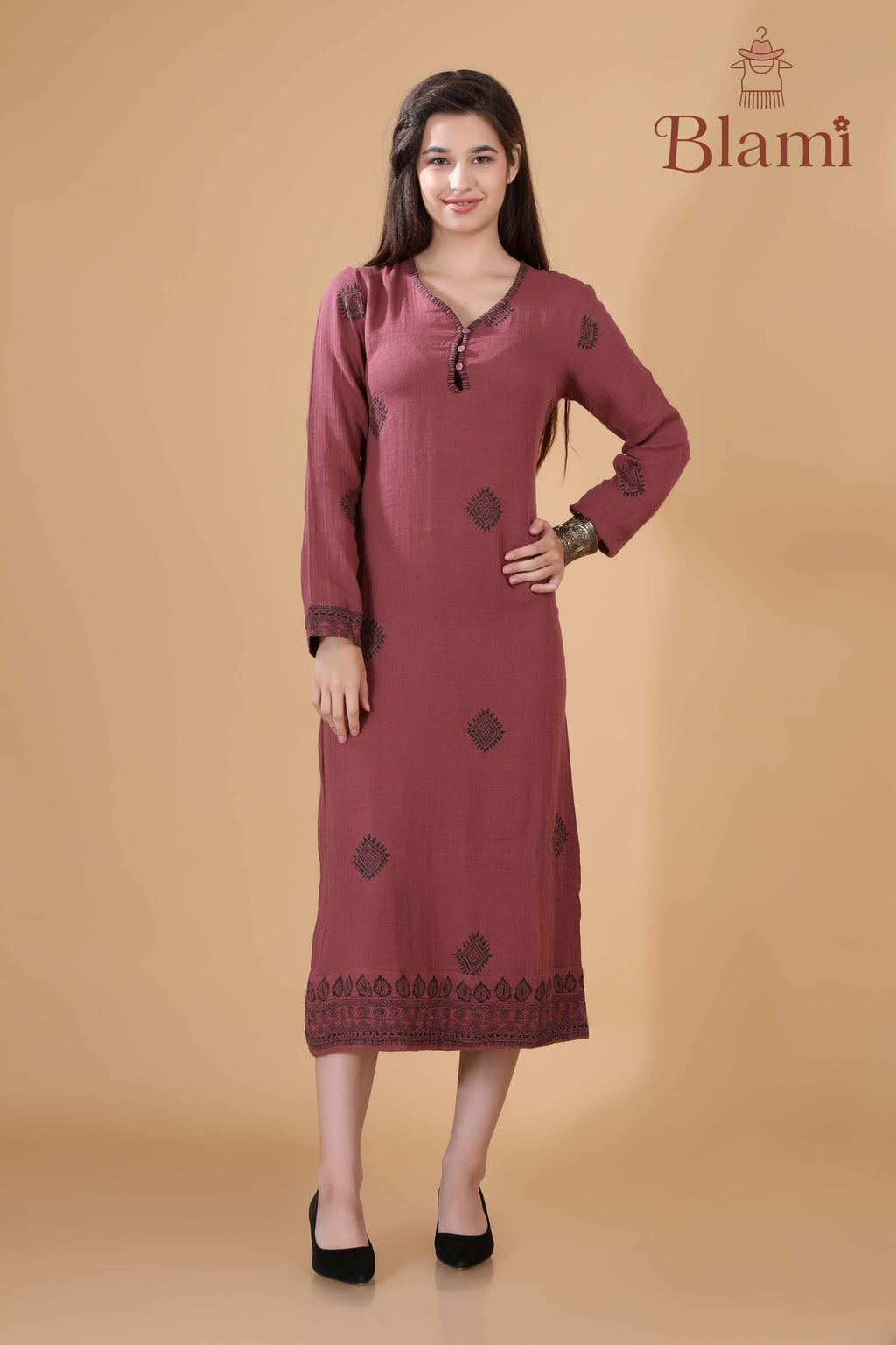 Maroon Printed Long Kurti – By Blami