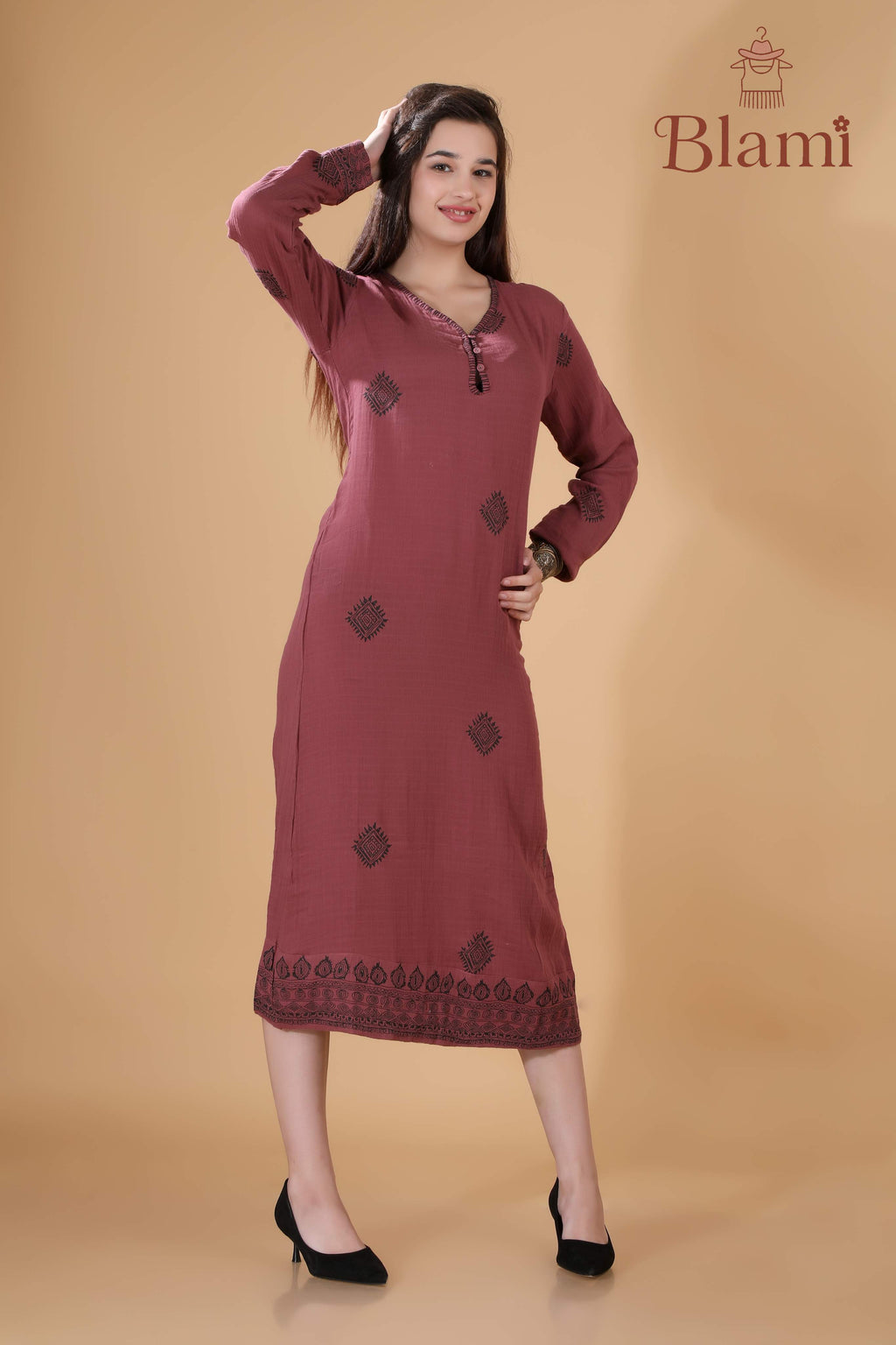 Maroon Printed Long Kurti – By Blami