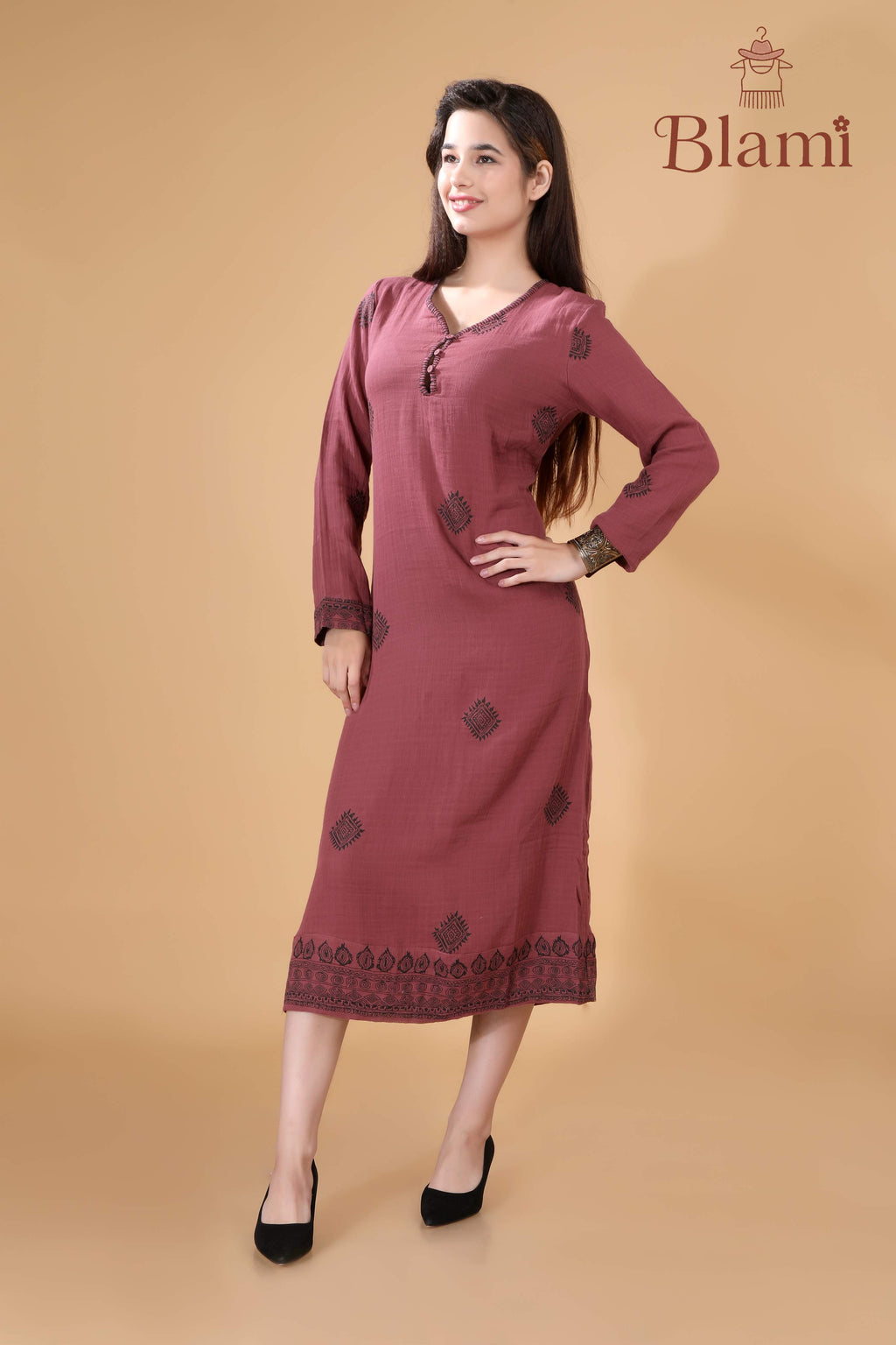 Maroon Printed Long Kurti – By Blami