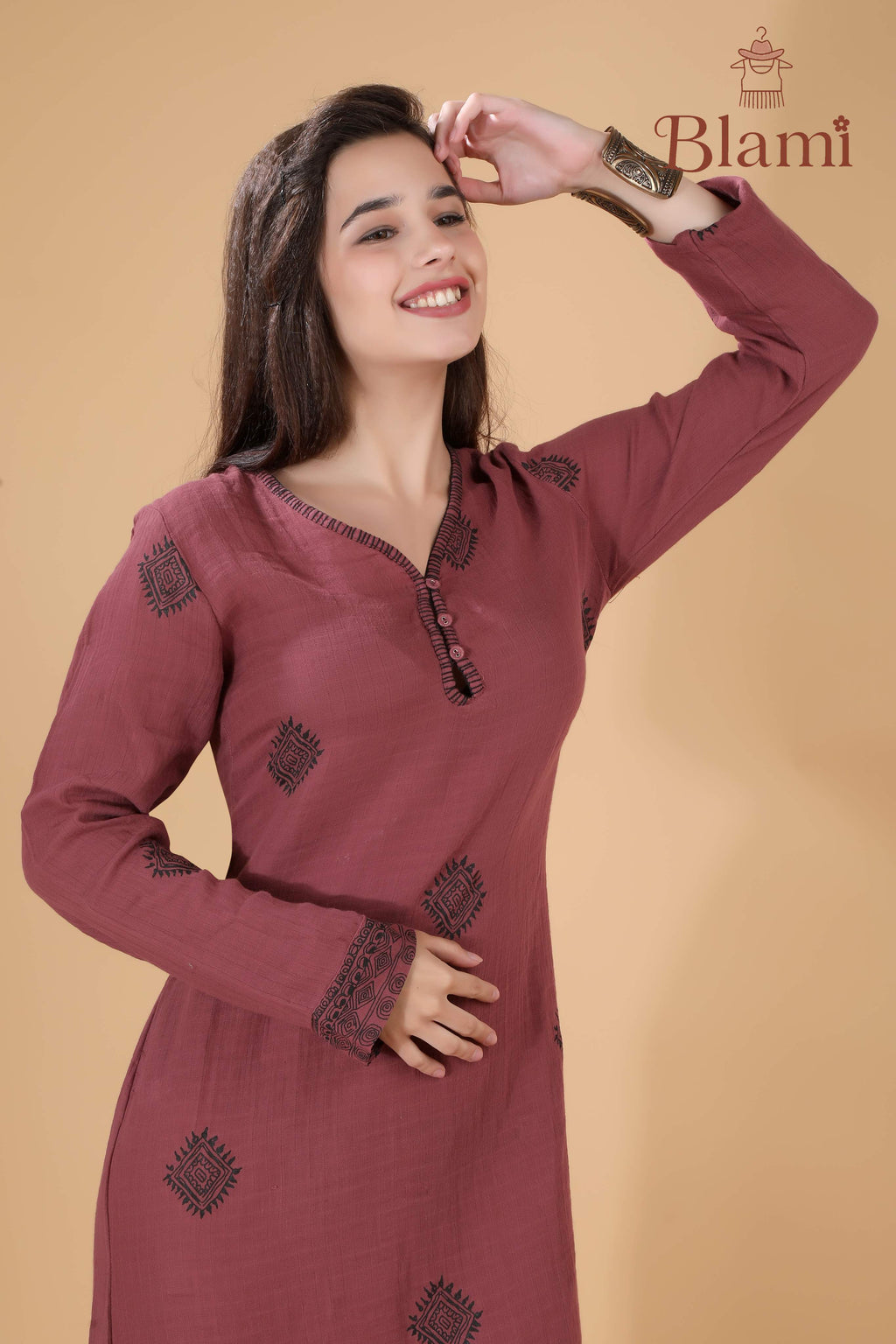 Maroon Printed Long Kurti – By Blami