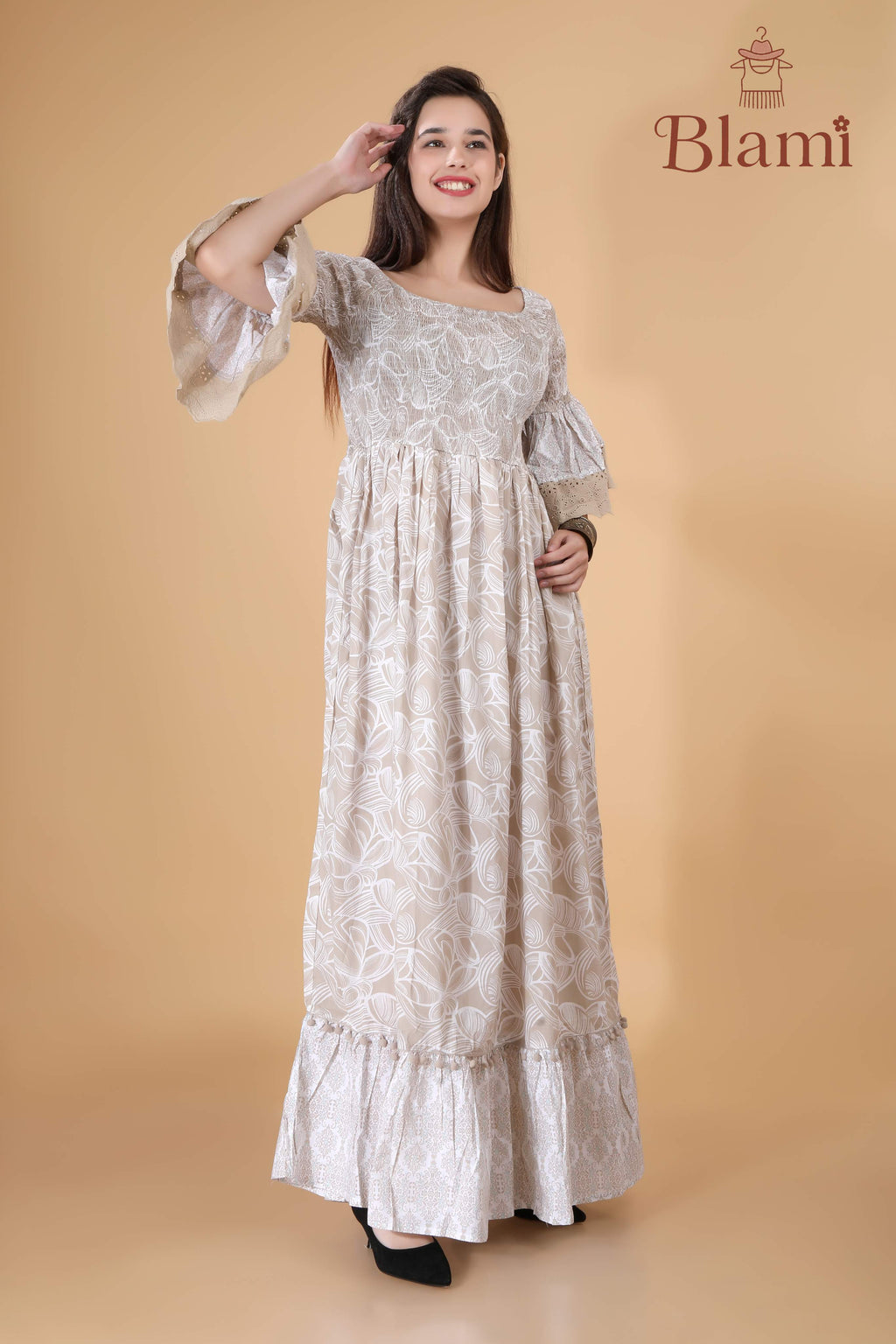 Beige Boho Bell-Sleeve Maxi Dress – By Blami