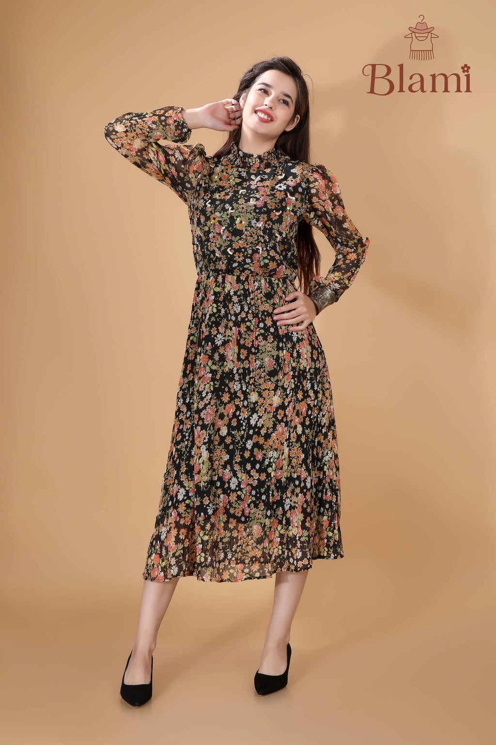 Black Floral Sheer Maxi Dress with Sequins – By Blami