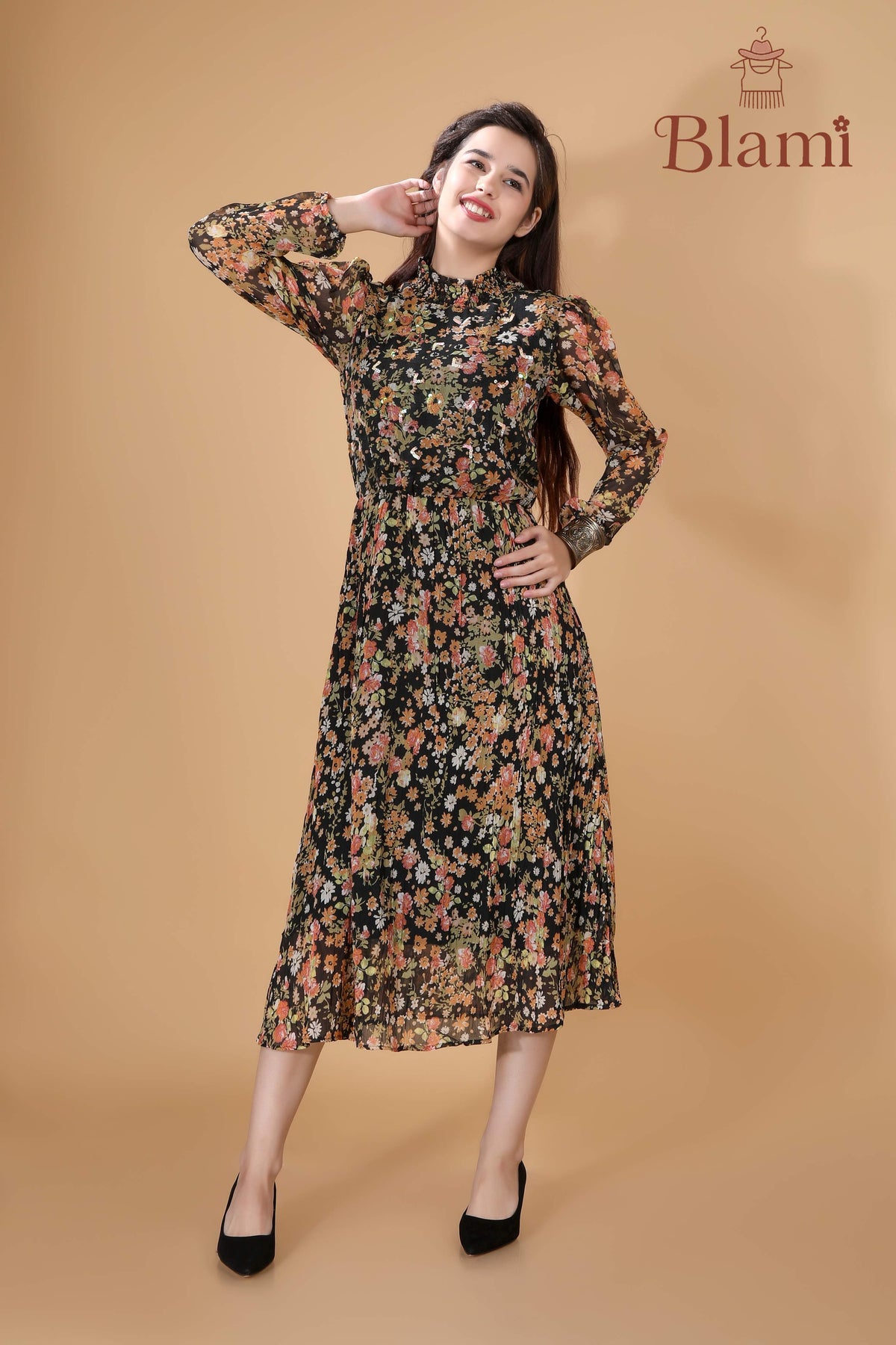 Black Floral Sheer Maxi Dress with Sequins – By Blami