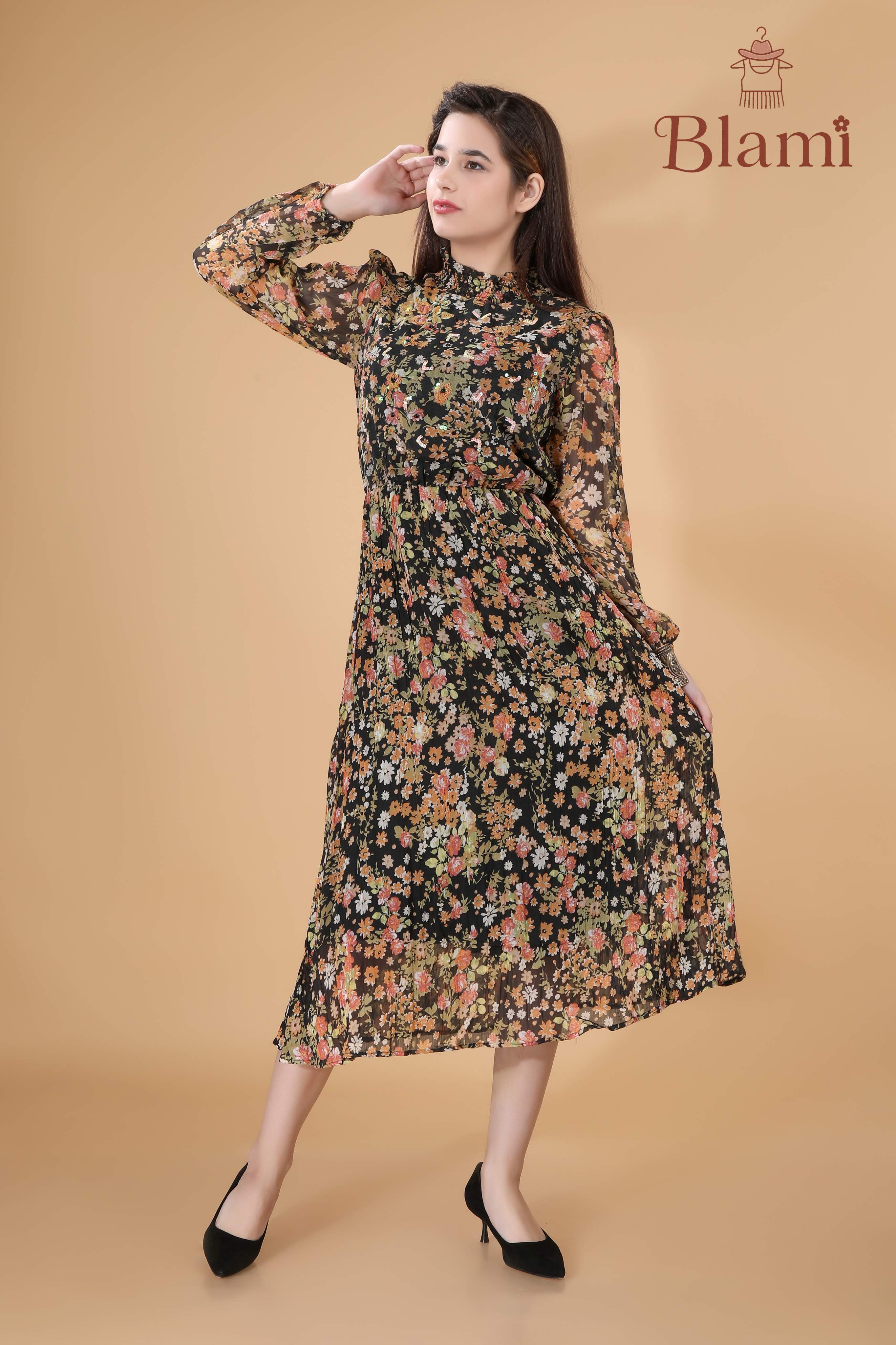 Black Floral Sheer Maxi Dress with Sequins – By Blami