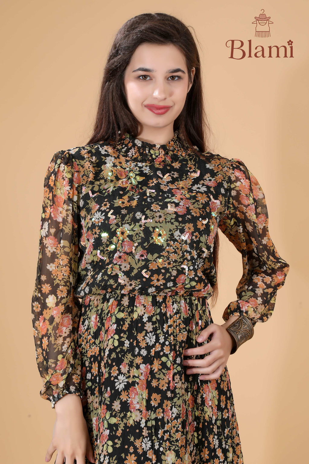 Black Floral Sheer Maxi Dress with Sequins – By Blami