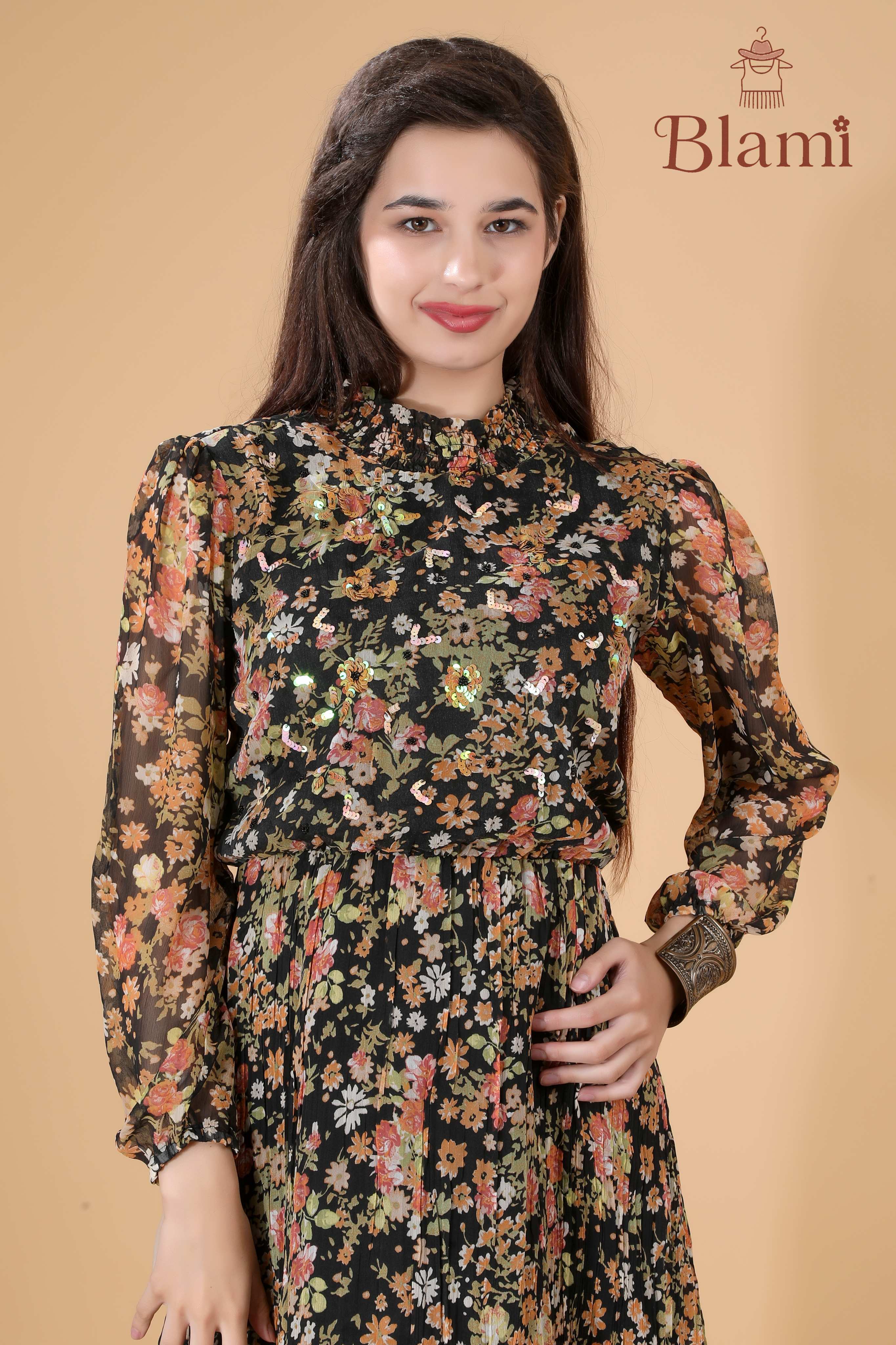 Black Floral Sheer Maxi Dress with Sequins – By Blami