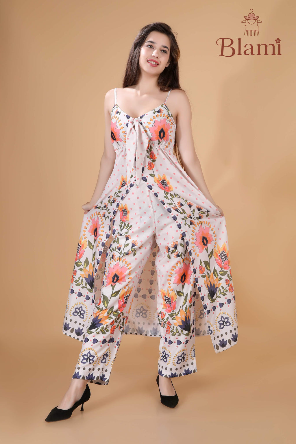 Floral Palazzo Jumpsuit with Front Tie – By Blami