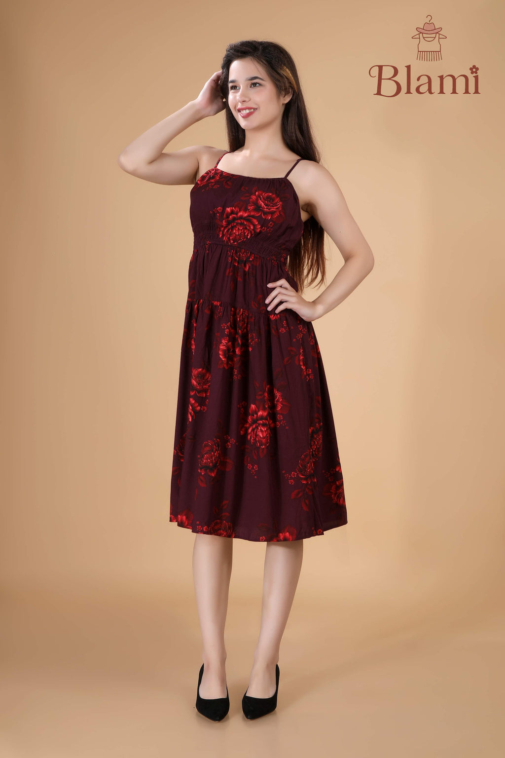 Maroon Floral Spaghetti Strap Dress – By Blami