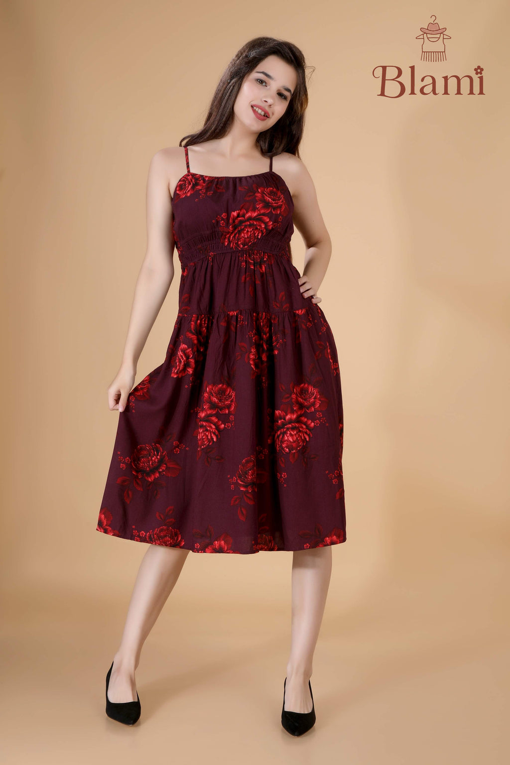 Maroon Floral Spaghetti Strap Dress – By Blami