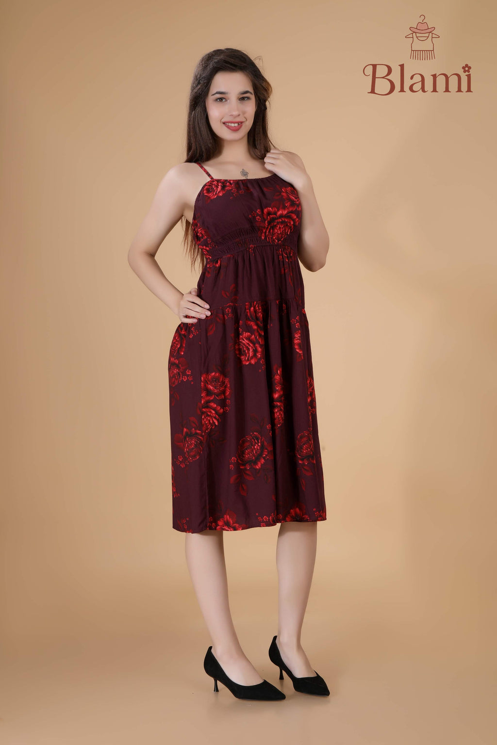 Maroon Floral Spaghetti Strap Dress – By Blami