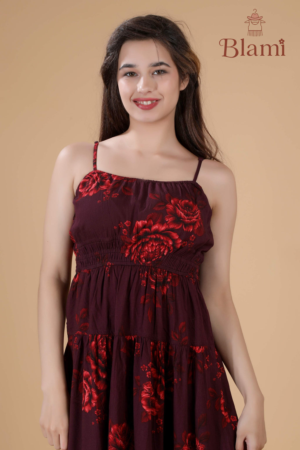 Maroon Floral Spaghetti Strap Dress – By Blami