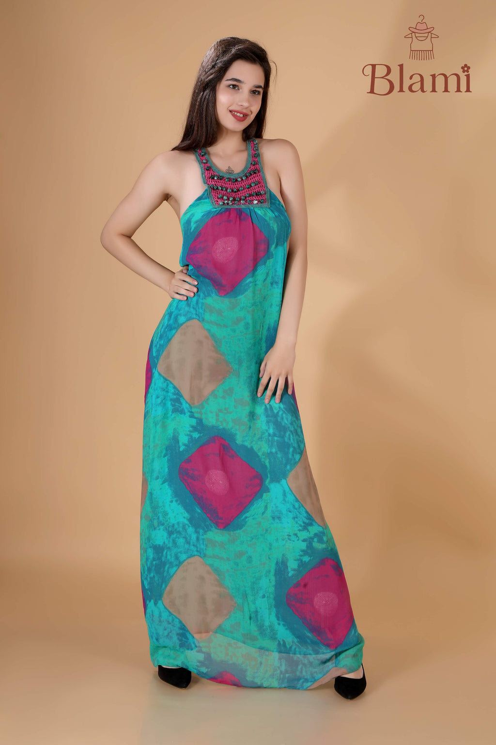 Turquoise & Fuchsia Printed Maxi Dress – By Blami
