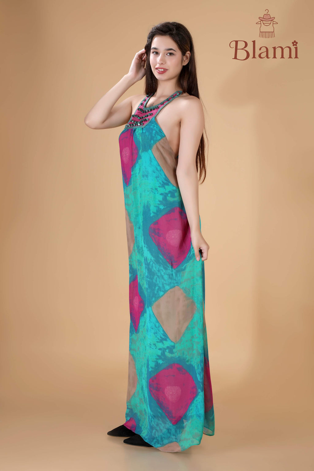 Turquoise & Fuchsia Printed Maxi Dress – By Blami