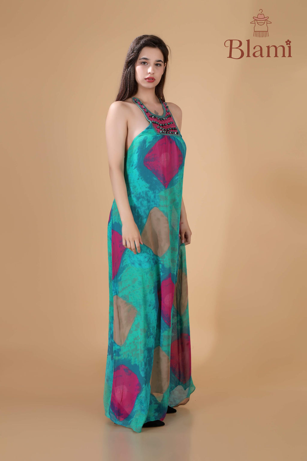 Turquoise & Fuchsia Printed Maxi Dress – By Blami