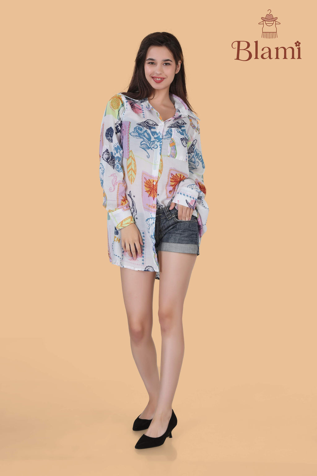 White Multicolor Tropical Print Long Shirt – By Blami